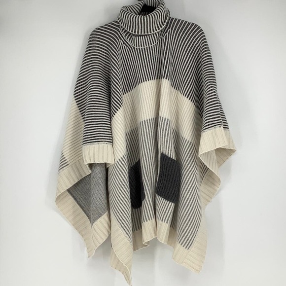 NEW! Naadam One Size $595 Wool Blend Fisherman Color Block Poncho Gray Blue J7-6 - Picture 3 of 13